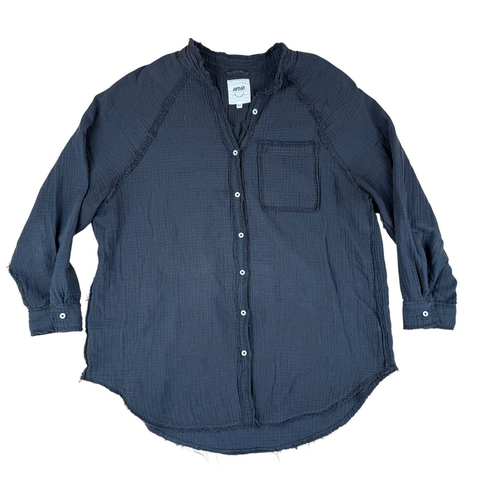 Aerie Small Black Boho Gauze Button Down Cotton Raw Edge Shirt